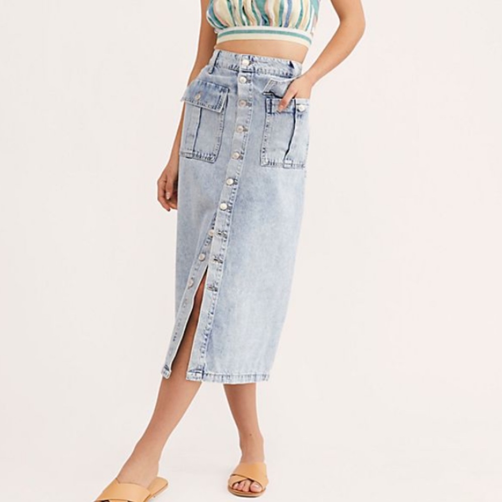 Free People Denim Button-Down Midi Skirt,